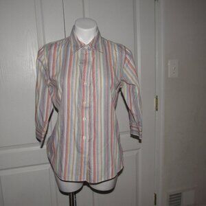 Bogari Multicolor Striped Button-Down Shirt L | Silk Cotton Blend | Preppy Chic
